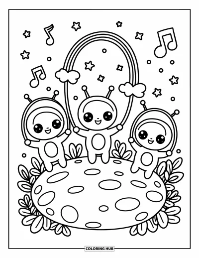 Outer Space Coloring Page for Adults: Joyful aliens jump rope with a rainbow-shaped cord on a cratered, whimsical planet