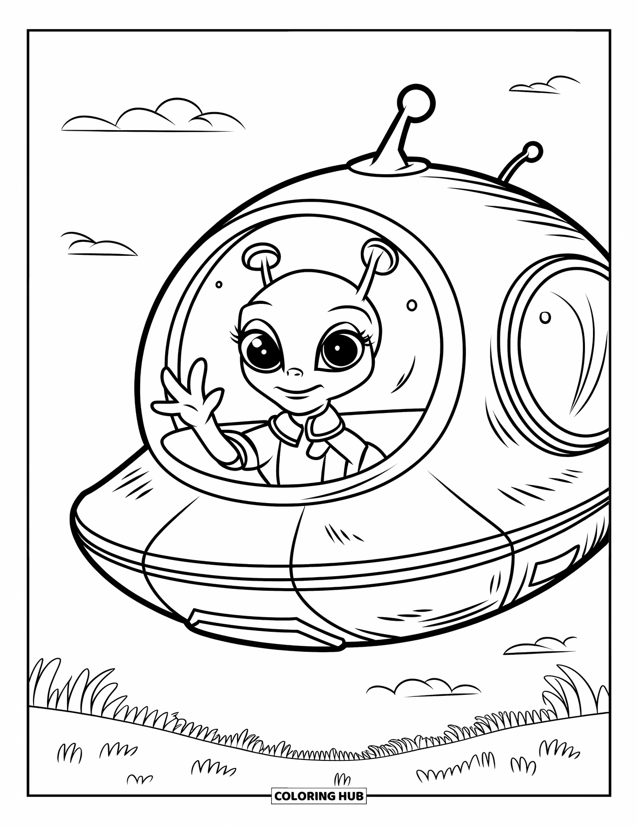Outer Space Coloring Page for Kids: A big-eyed alien waves from a spaceship floating above a grassy field with small clouds