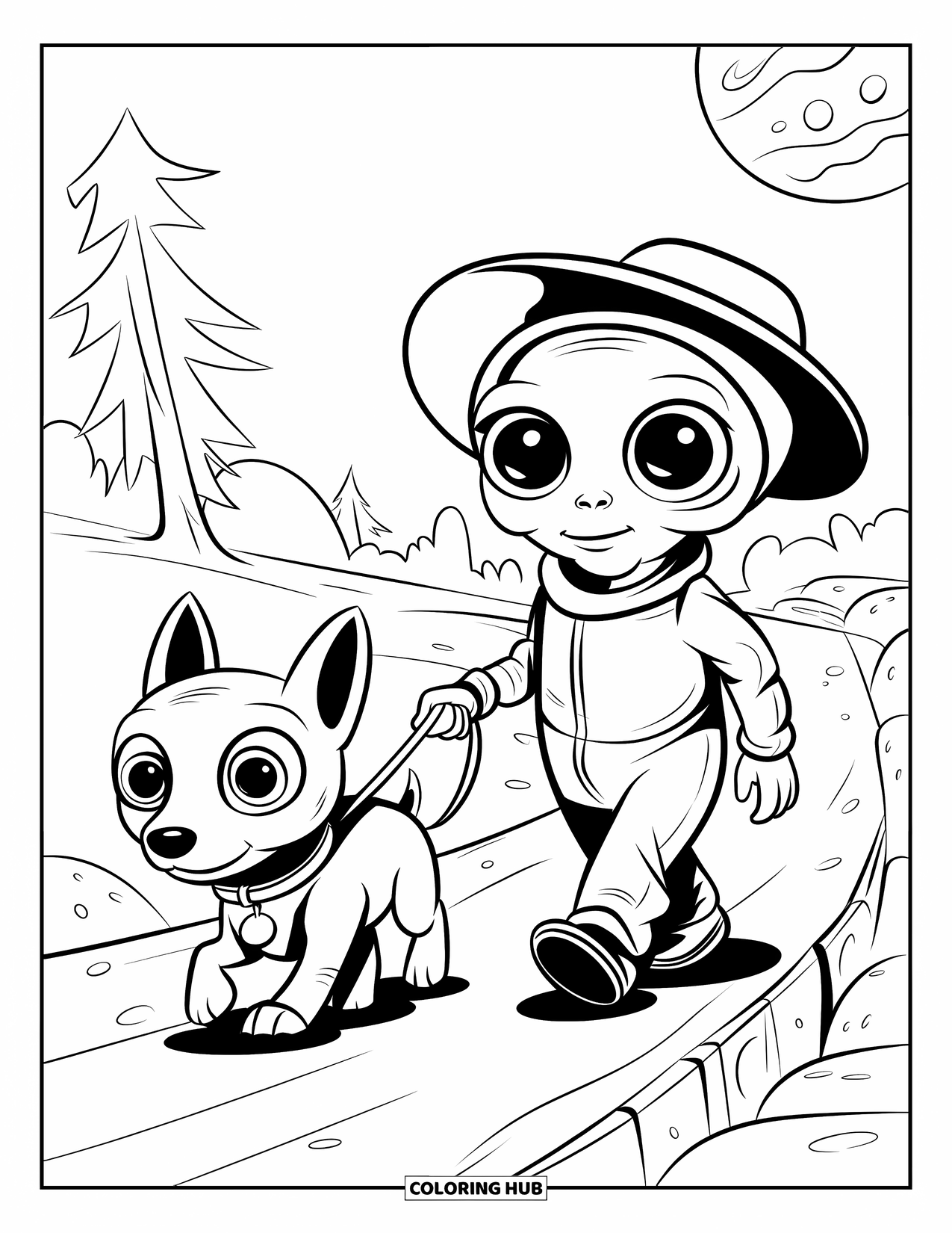 Outer Space Coloring Page for Kids: A big-eyed alien wearing a hat strolls with a space dog near trees and a planet