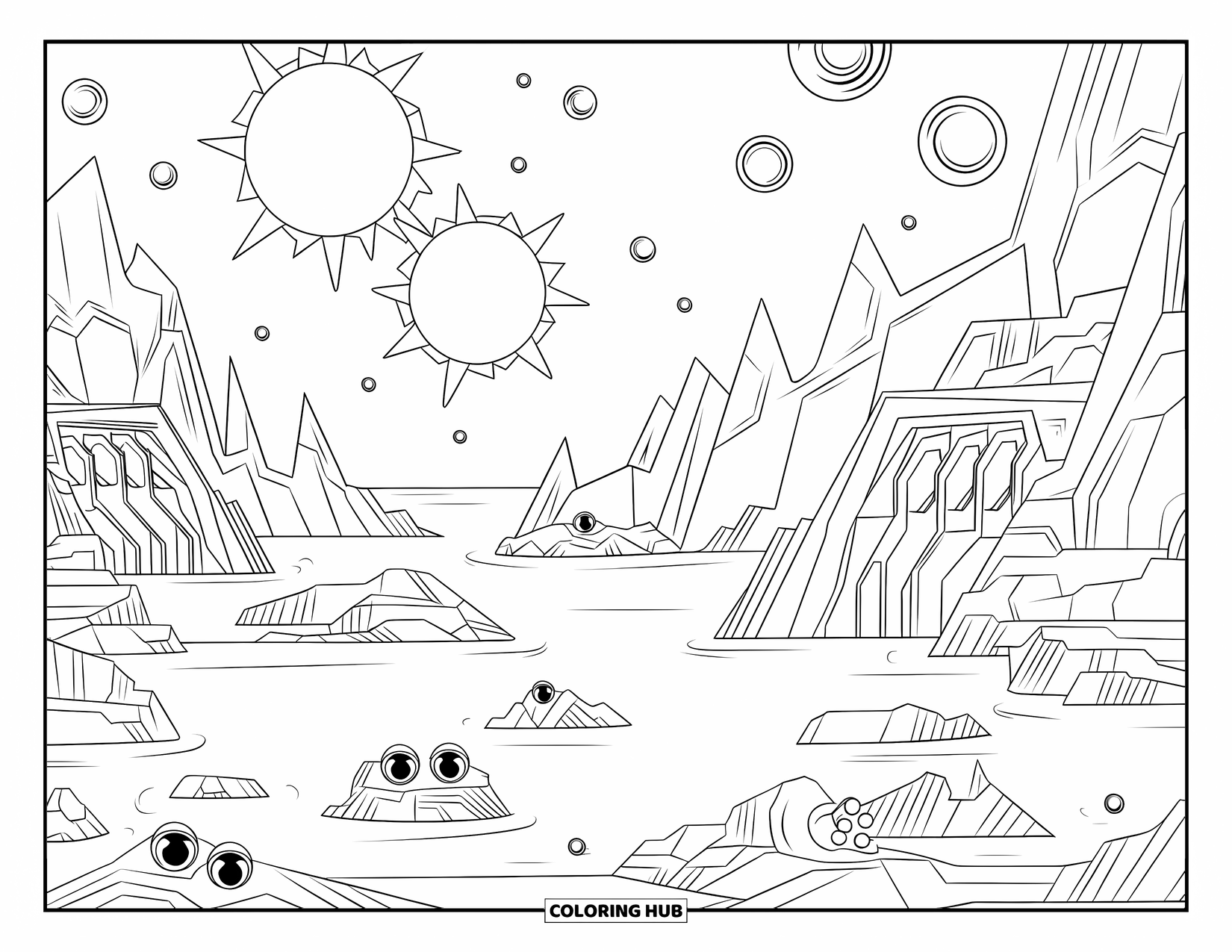 Outer Space Coloring Page for Kids: A calm alien world with twin suns, floating islands, and glowing orbs in the sky