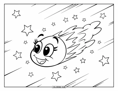 Outer Space Coloring Page for Kids: A cheerful comet zooms past, leaving a trail of sparkling stars