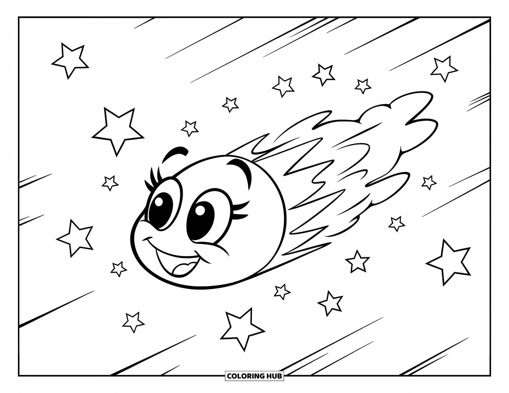 Outer Space Coloring Page for Kids: A cheerful comet zooms past, leaving a trail of sparkling stars