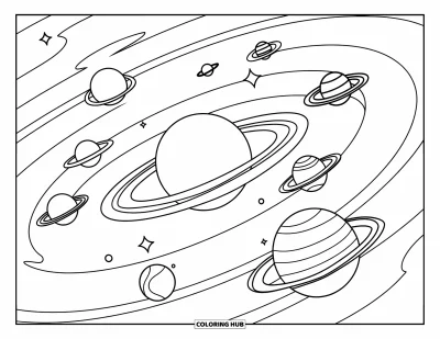 Outer Space Coloring Page for Kids: A circular solar system with eight planets, swirling rings, and a large central planet