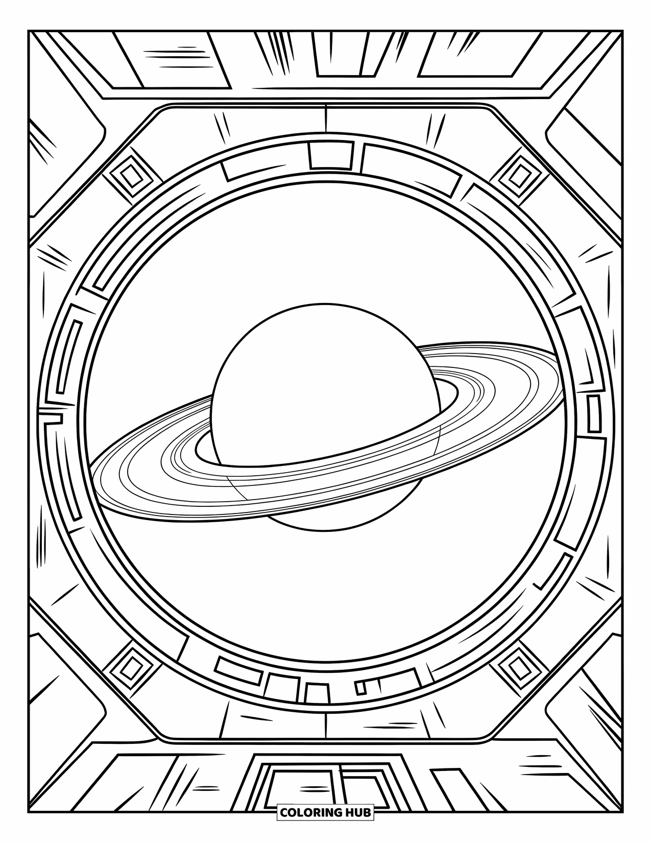 Outer Space Coloring Page for Kids: A circular spaceship window looking out at Saturn's rings in the vastness of space