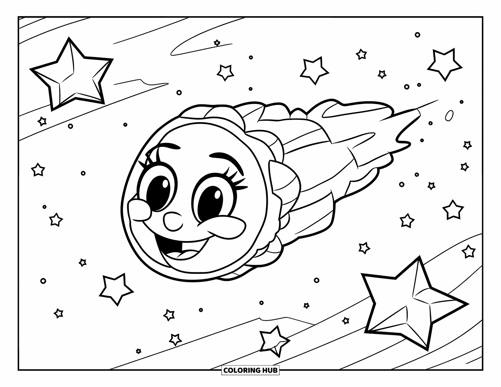 Outer Space Coloring Page for Kids: A comet with a wide grin soars past, leaving a bright, starry trail