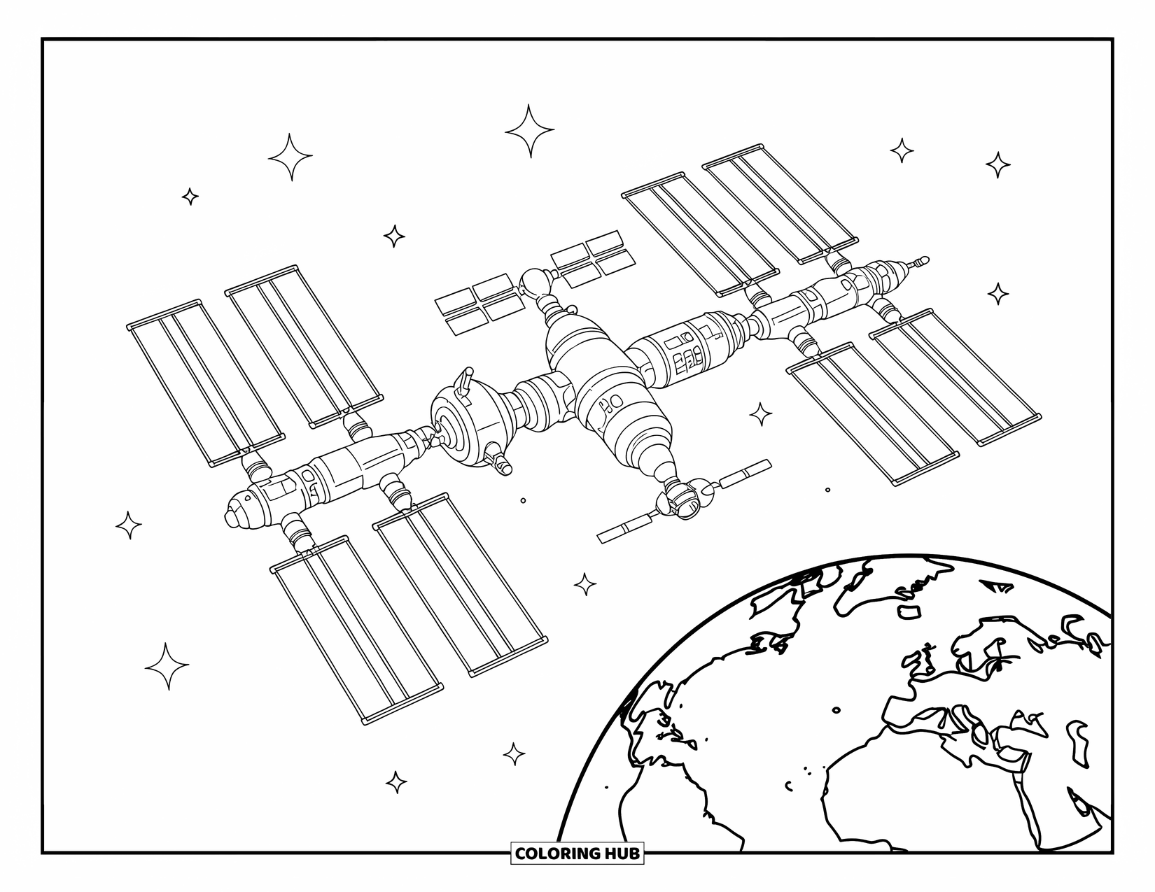 Outer Space Coloring Page for Kids: A detailed space station floats over Earth with docking modules and scattered stars