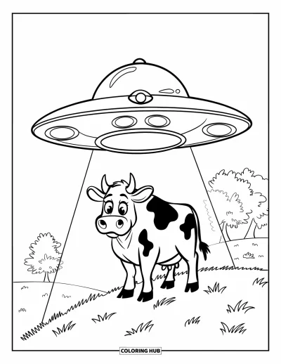 Outer Space Coloring Page for Kids: A flying saucer beams up a cartoon cow from a grassy hill with a few trees