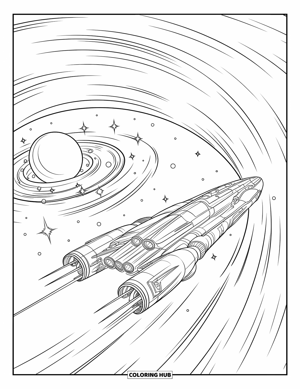 Outer Space Coloring Page for Kids: A futuristic spacecraft heads into a swirling wormhole near a bright, spiral galaxy