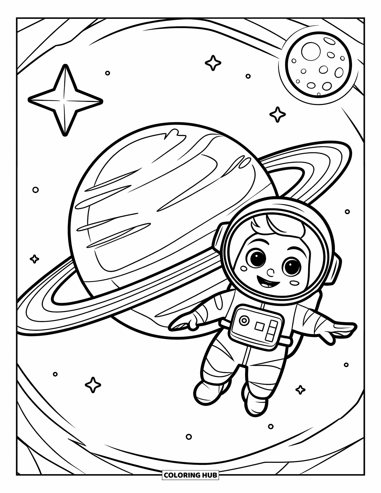 Outer Space Coloring Page for Kids: A happy astronaut floats beside a ringed planet with a bright star and a distant moon