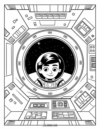 Outer Space Coloring Page for Kids: A kid in a silver spacesuit explores the stars from a spaceship filled with controls