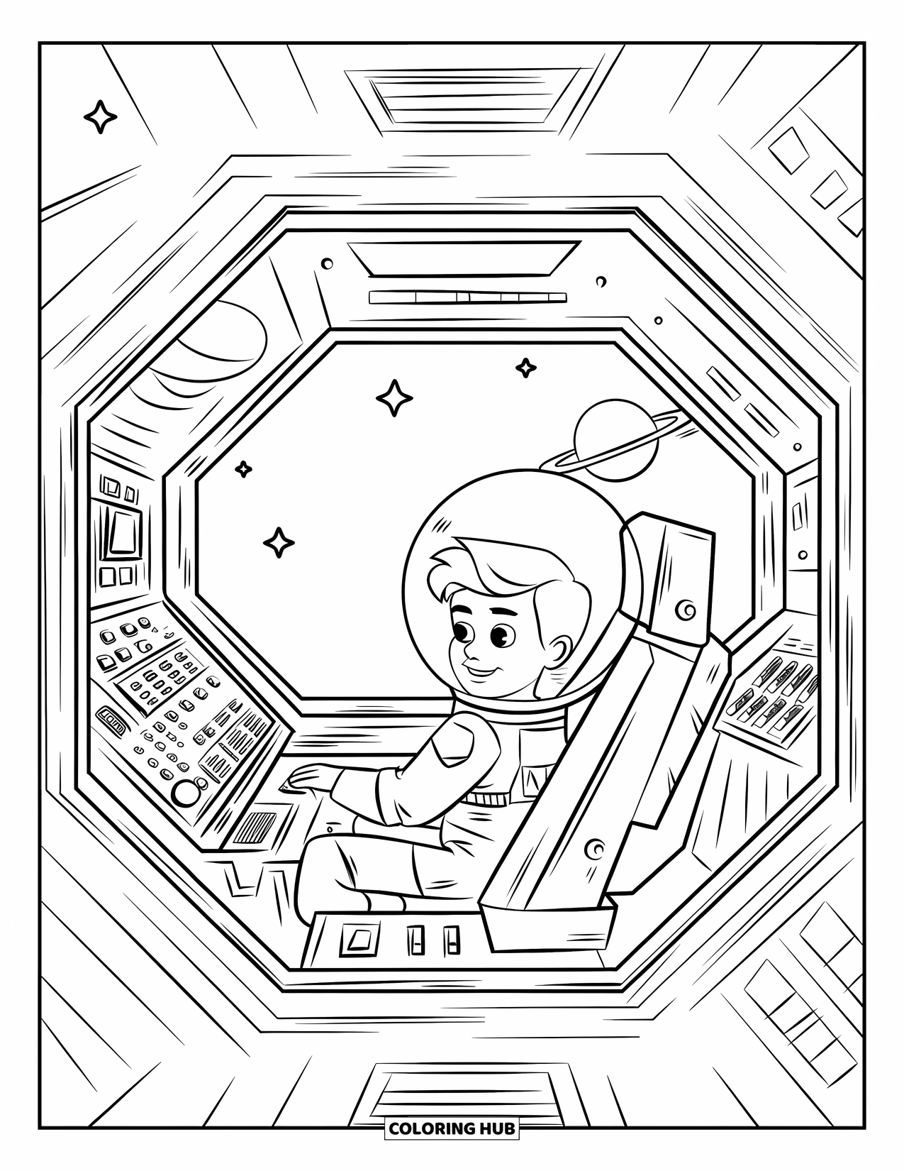 Outer Space Coloring Page for Kids: A kid in a spacesuit sits inside a spaceship cockpit full of buttons and panels