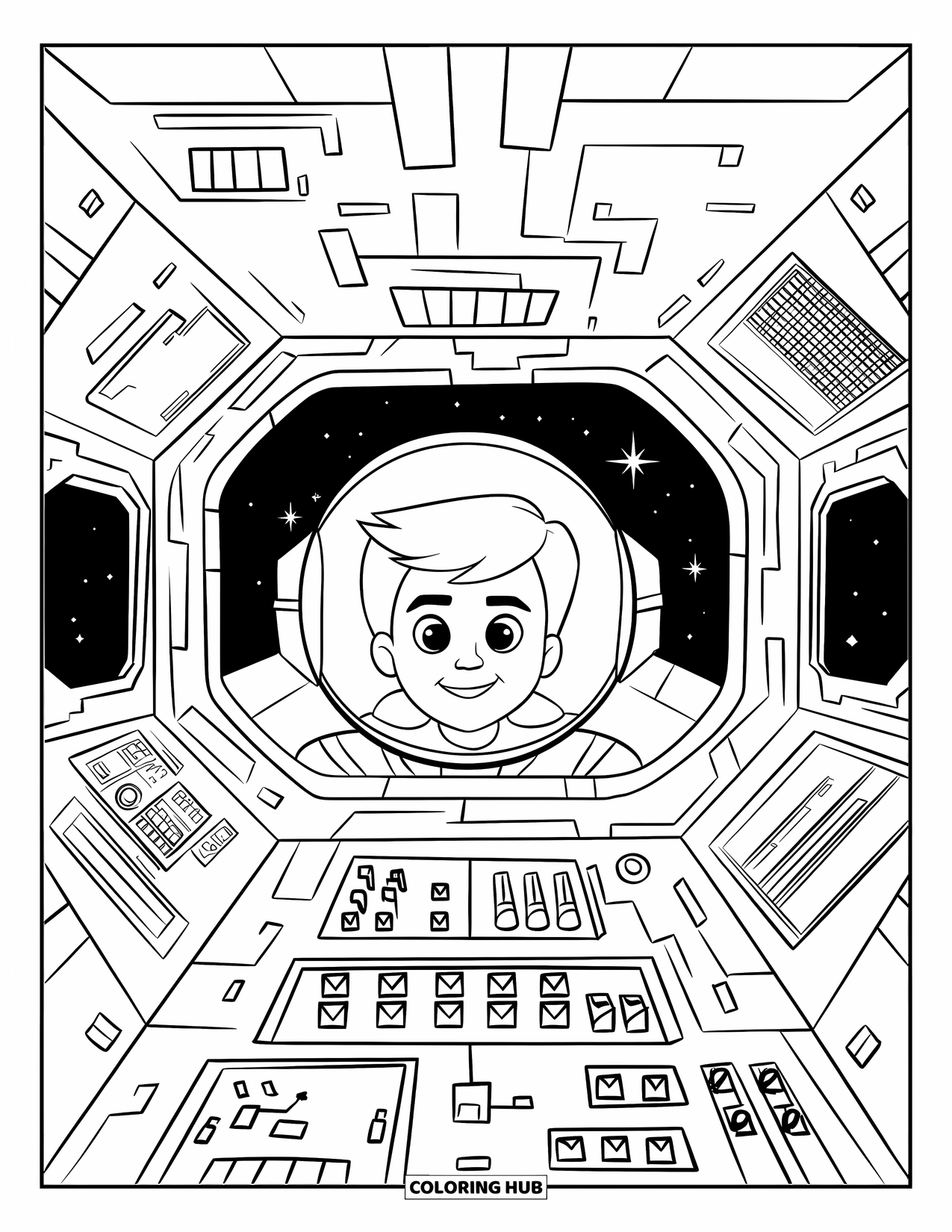 Outer Space Coloring Page for Kids: A kid pilots a spaceship, surrounded by control panels and a view of the stars
