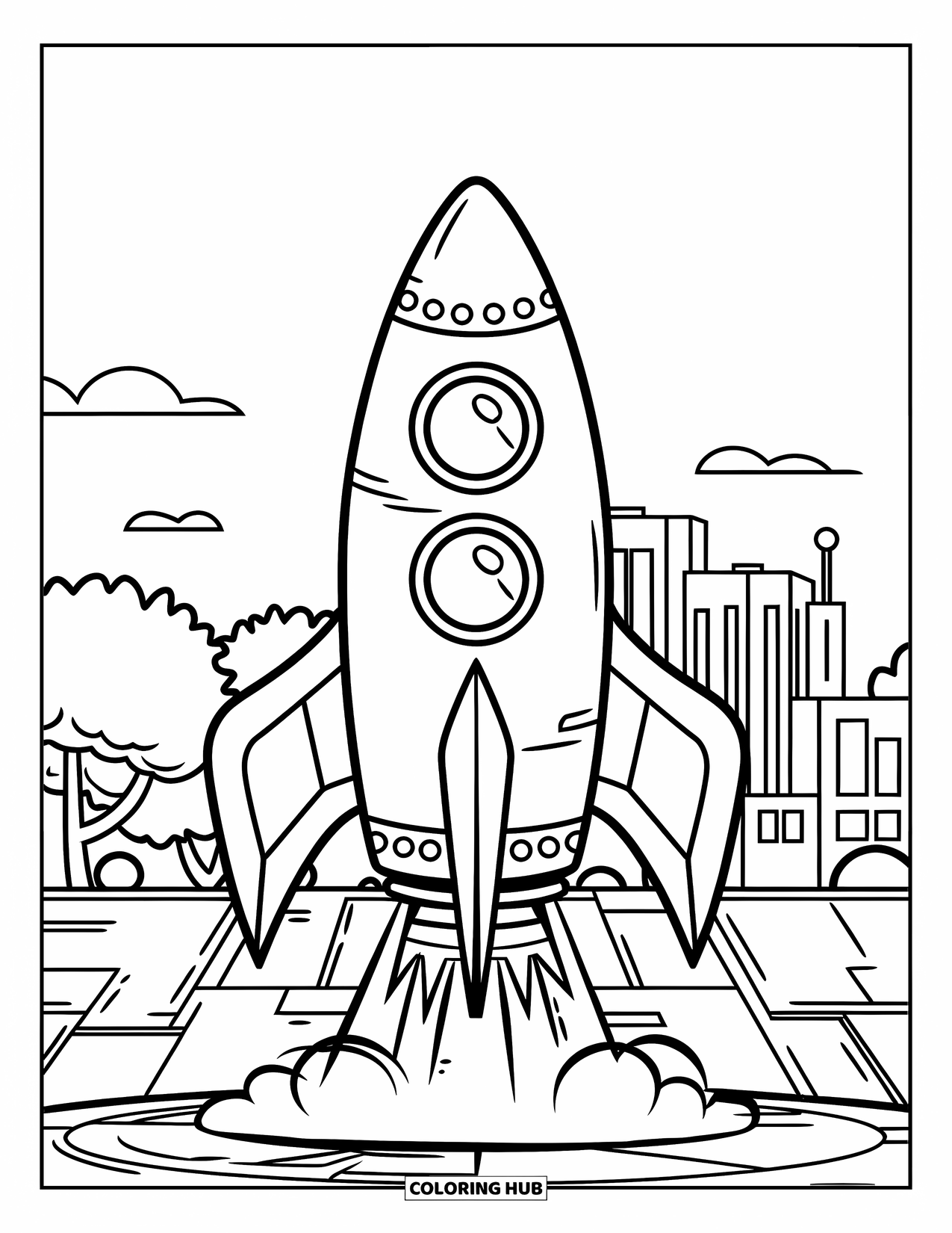 Outer Space Coloring Page for Kids: A large rocket ship with three windows stands on a launchpad with smoke rising below