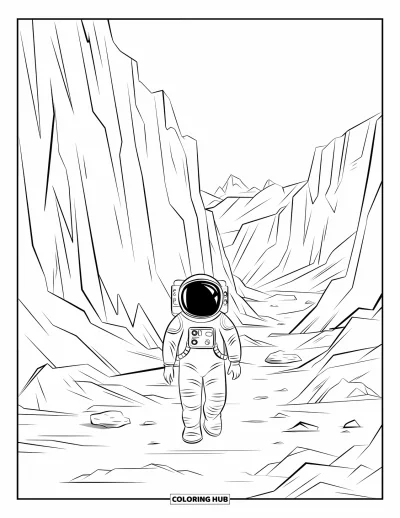 Outer Space Coloring Page for Kids: A lone astronaut journeys through a canyon with jagged cliffs and scattered boulders