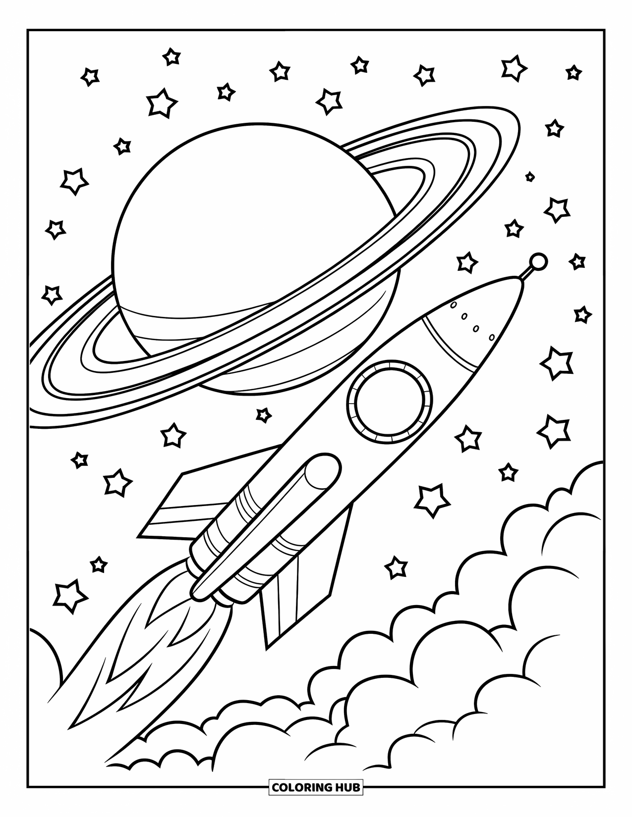 Outer Space Coloring Page for Kids: A rocket ship with a USA logo flies past Saturn's rings and a sky full of stars
