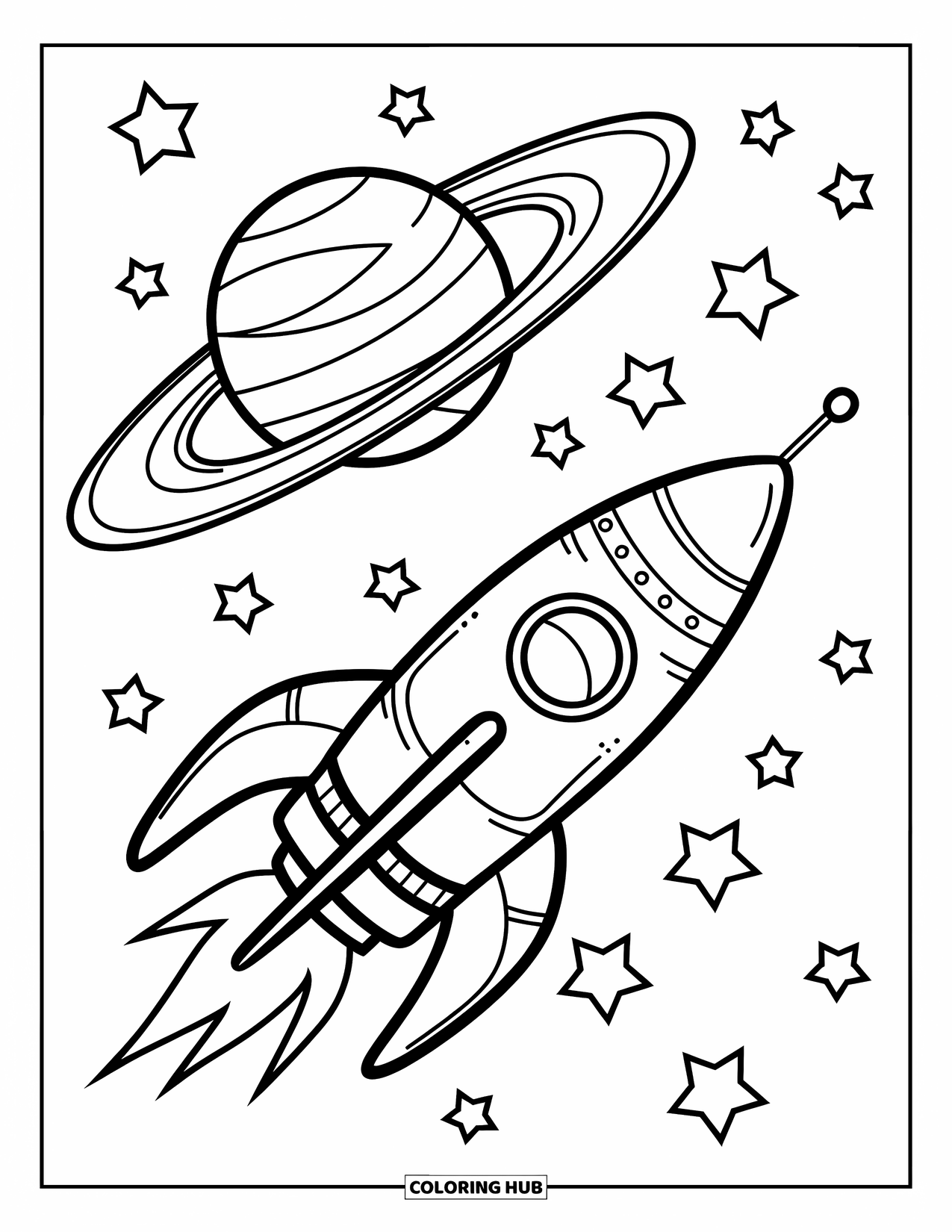 Outer Space Coloring Page for Kids: A rocket ship zooms past Saturn's rings under a starry sky