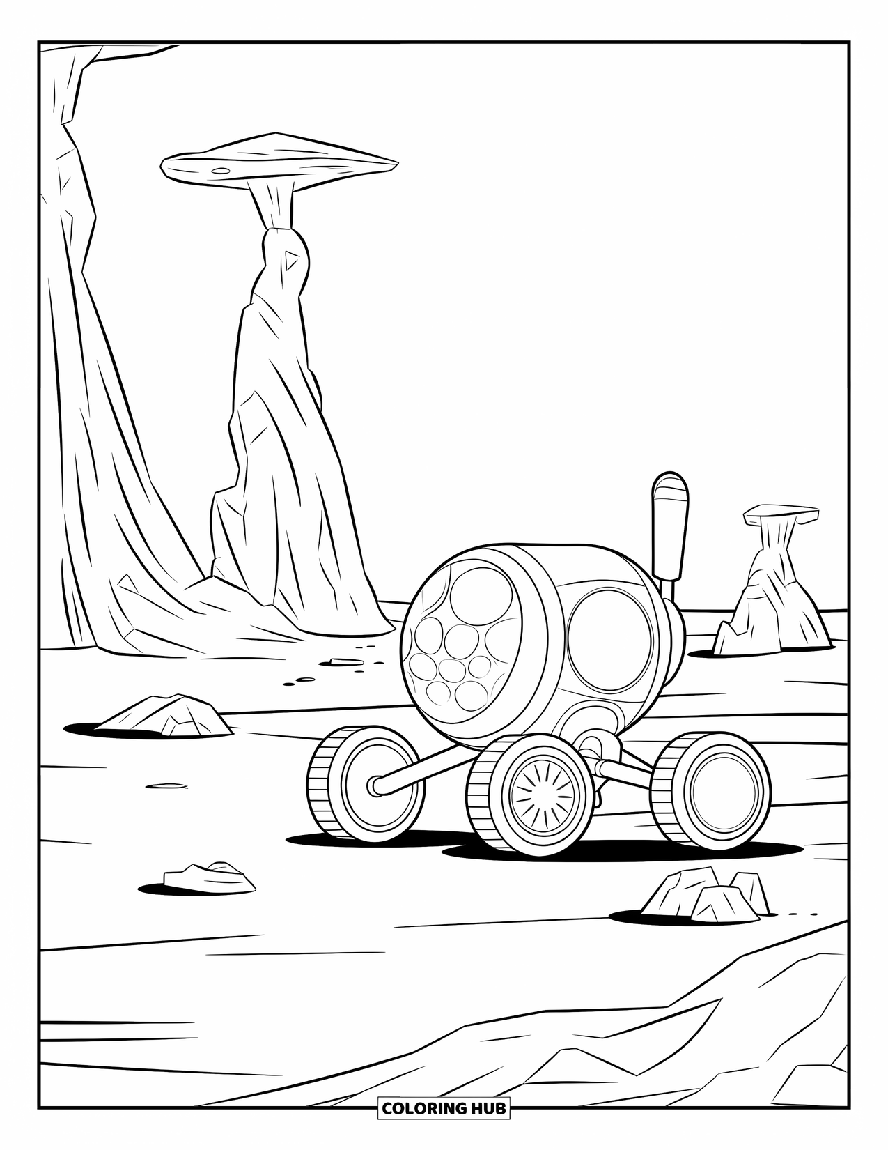 Outer Space Coloring Page for Kids: A round-bodied rover rolls past mushroom-shaped rocks on a vast Martian plain