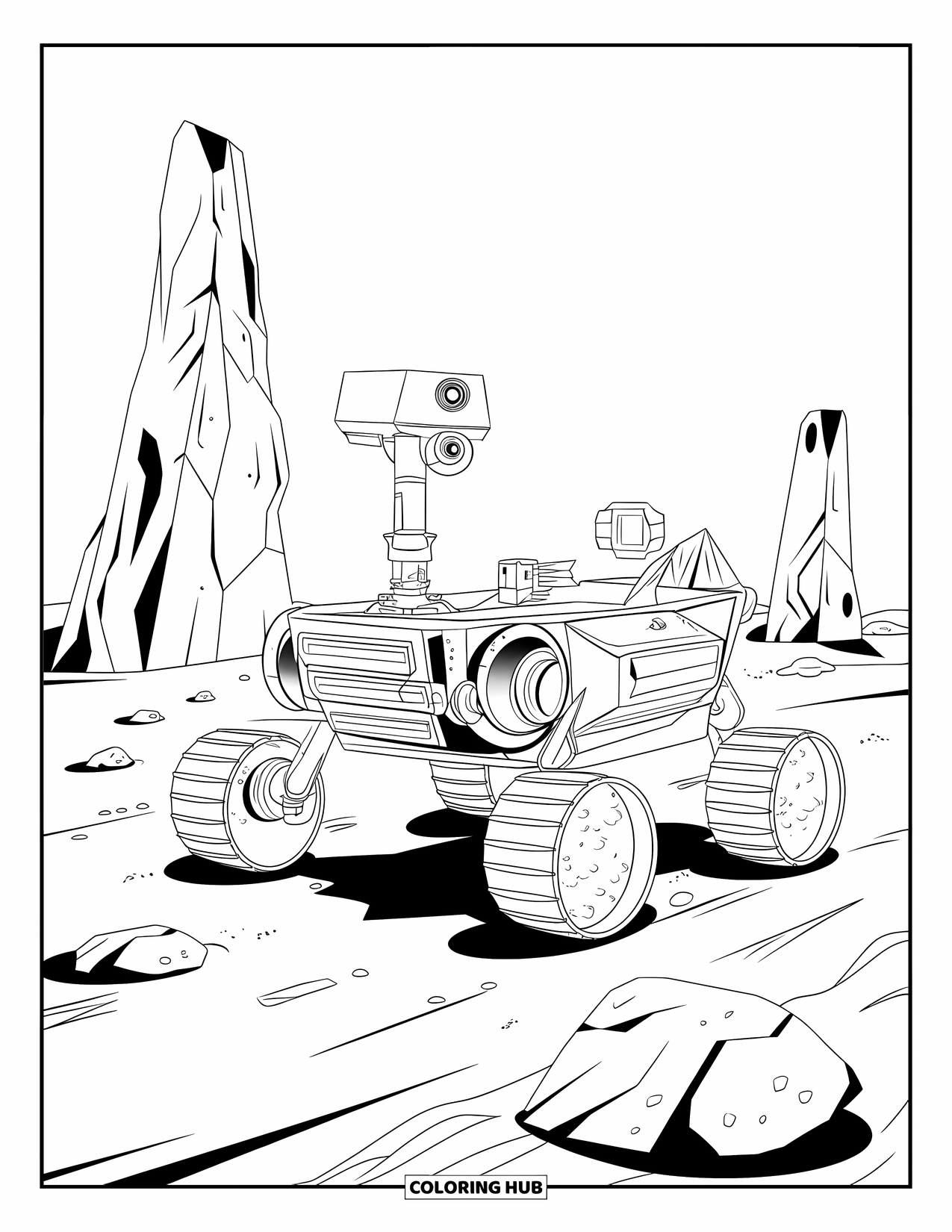 Outer Space Coloring Page for Kids: A rover with a camera cruises across Mars' rough, rocky terrain under a wide sky