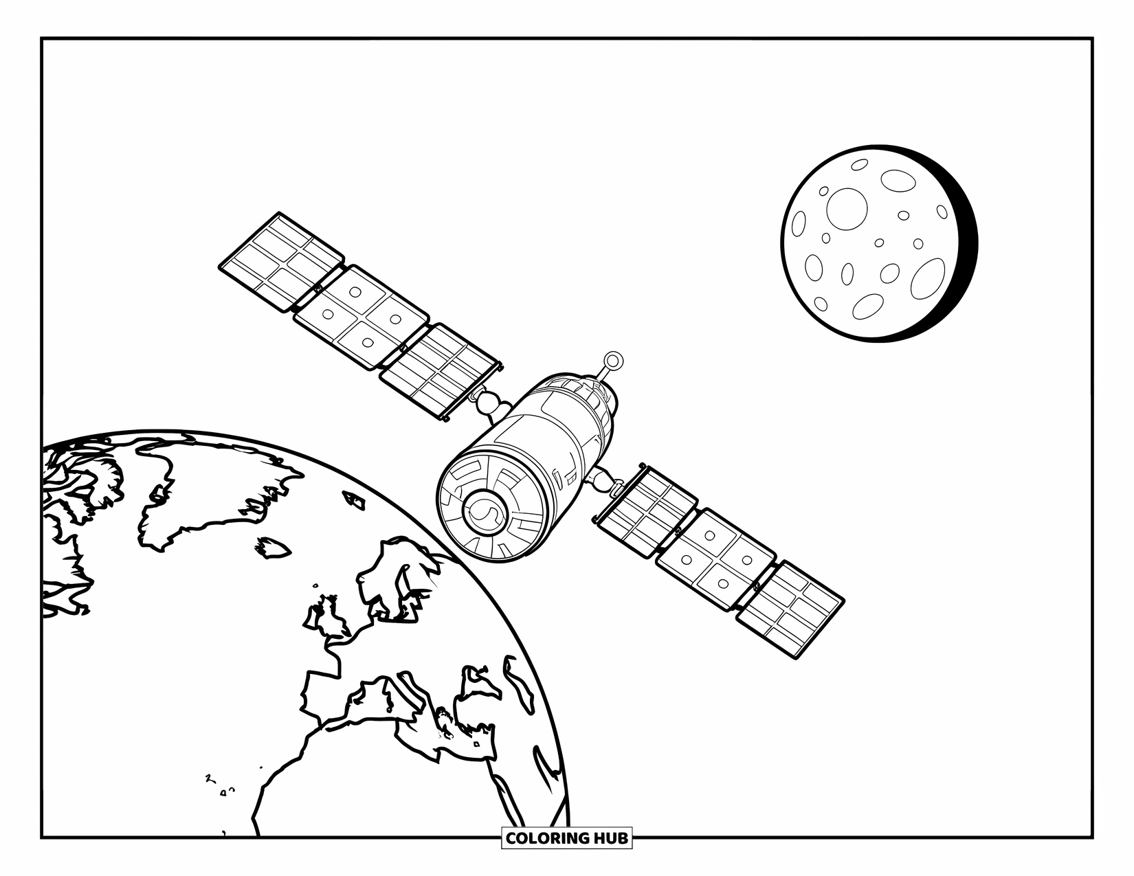 Outer Space Coloring Page for Kids: A satellite with antennas orbits a textured Earth with a cratered moon nearby