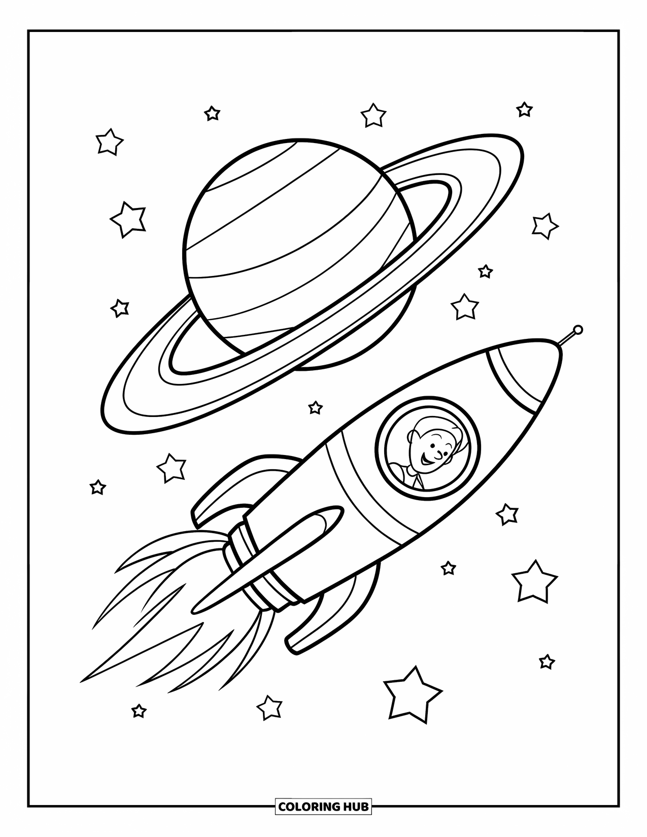 Outer Space Coloring Page for Kids: A smiling astronaut flies a rocket ship past Saturn and scattered stars