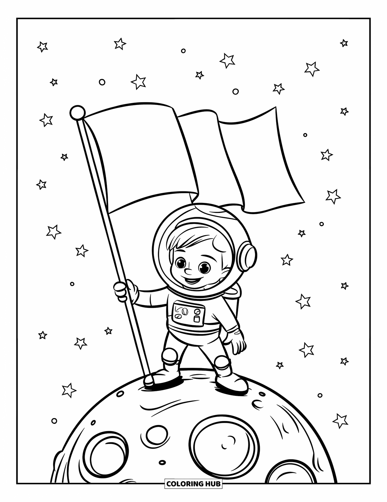Outer Space Coloring Page for Kids: A smiling child in a spacesuit stands proudly on a small moon holding a flag