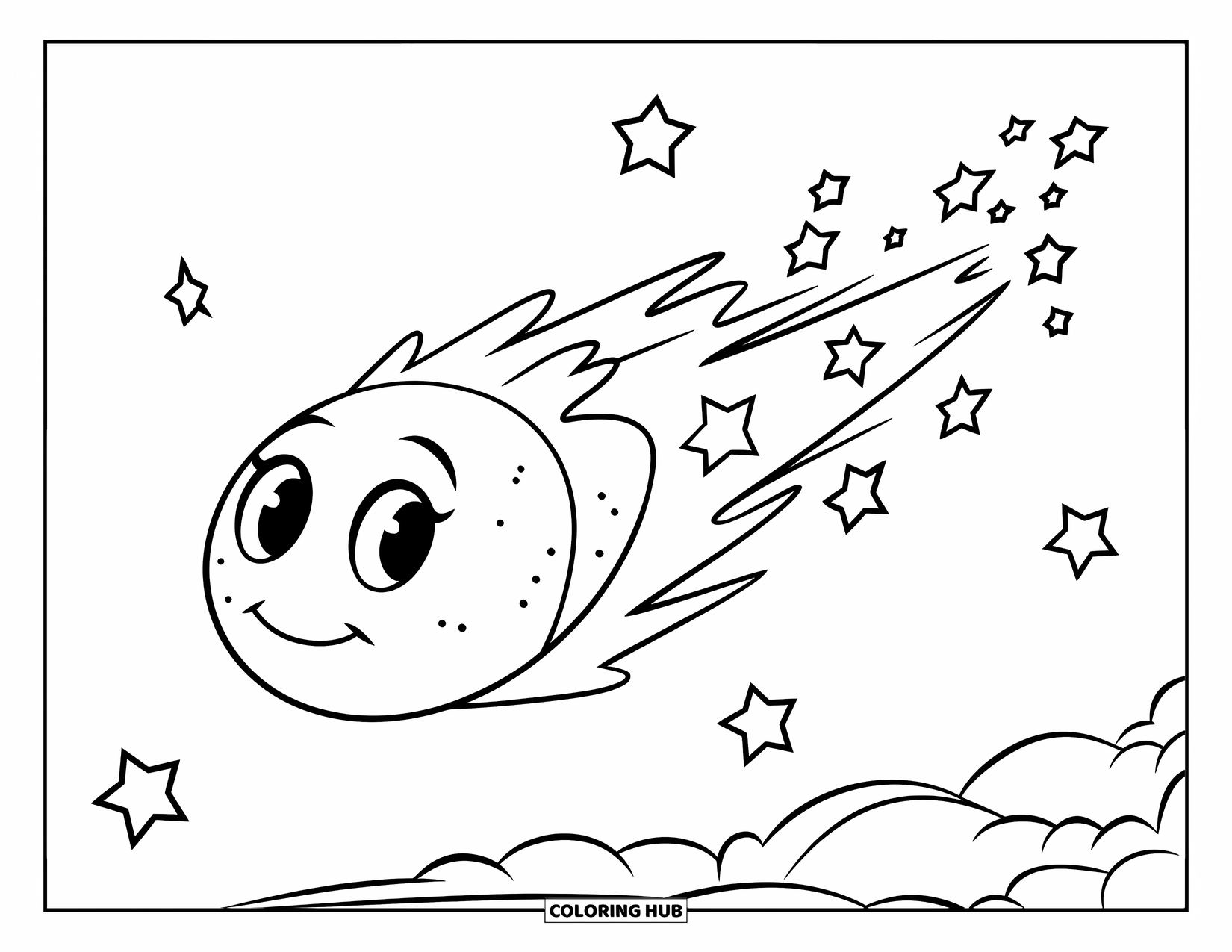 Outer Space Coloring Page for Kids: A smiling comet with big eyes speeds across a sky full of stars