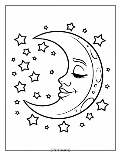 Outer Space Coloring Page for Kids: A smiling moon with closed eyes floats peacefully among stars
