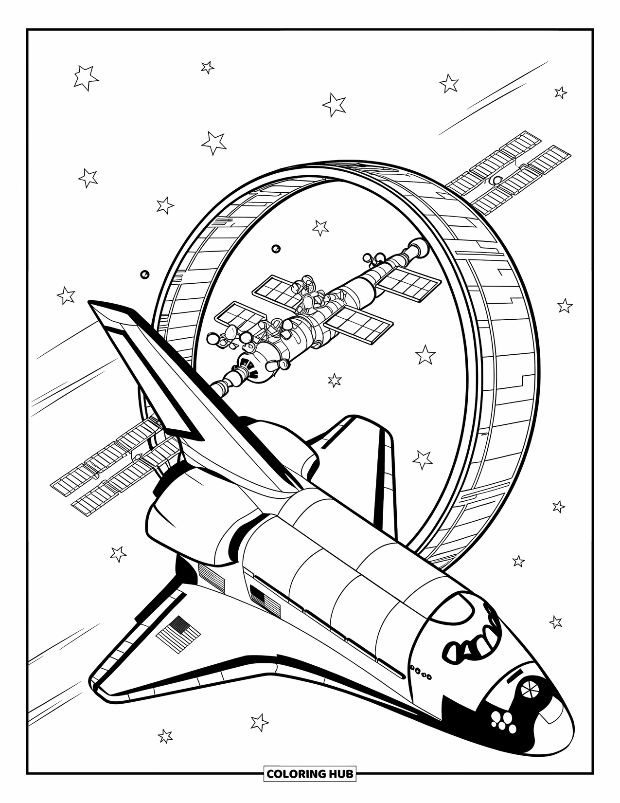 Outer Space Coloring Page for Kids: A space shuttle flies toward a ring-shaped space station with small rockets attached