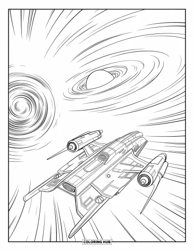 Outer Space Coloring Page for Kids: A spacecraft with multiple engines enters a swirling cosmic tunnel near a galaxy