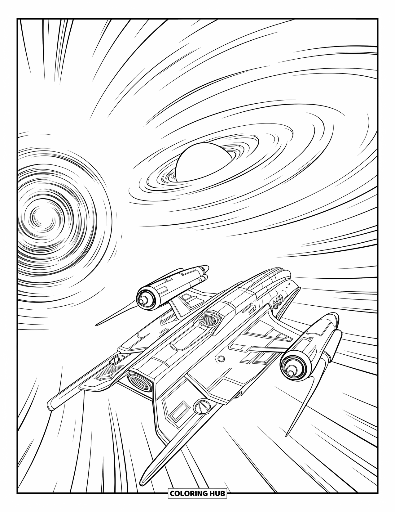 Outer Space Coloring Page for Kids: A spacecraft with multiple engines enters a swirling cosmic tunnel near a galaxy