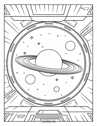 Outer Space Coloring Page for Kids: A spaceship view of Saturn's rings and moons floating in the open space beyond