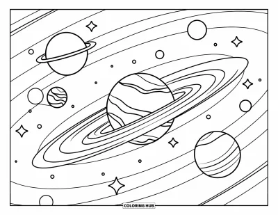 Outer Space Coloring Page for Kids: A stylized solar system with eight planets and swirling energy rings around them