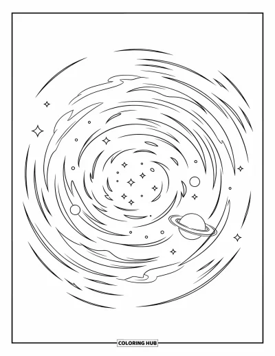 Outer Space Coloring Page for Kids: A swirling nebula filled with orbiting planets creates a dreamy cosmic scene
