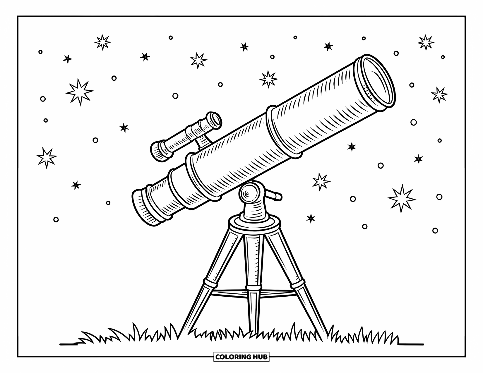 Outer Space Coloring Page for Kids: A telescope with a round lens aims at a sky full of stars