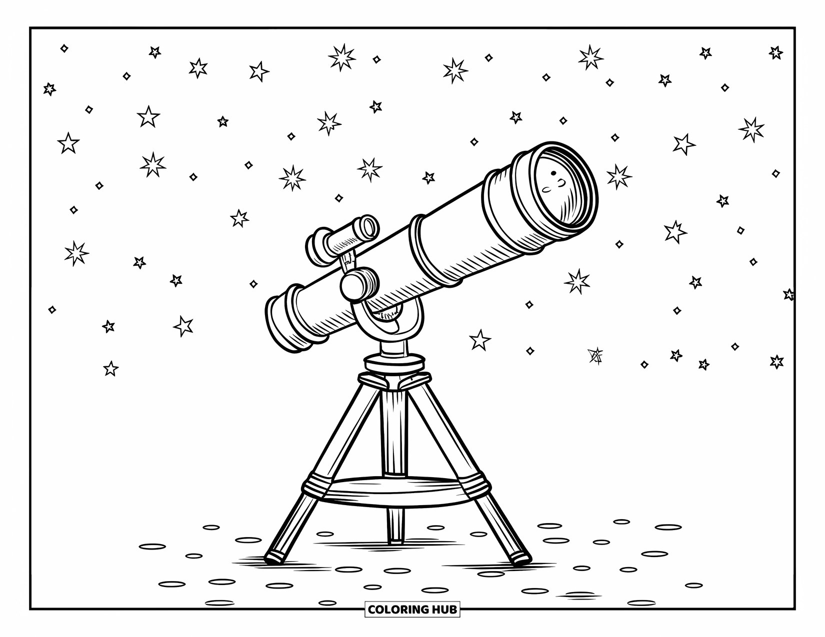 Outer Space Coloring Page for Kids: A telescope with three sturdy legs looks up at the sparkling night sky