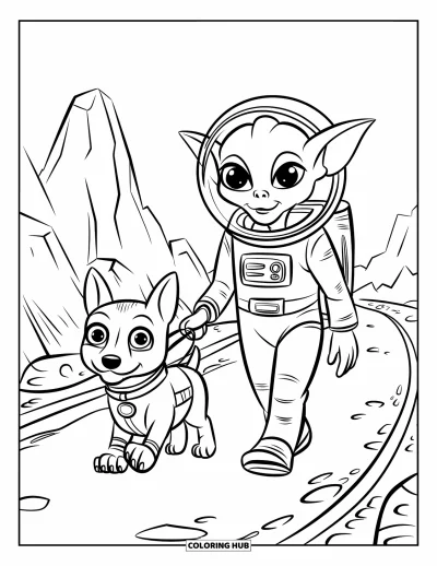 Outer Space Coloring Page for Kids: An alien with pointy ears walks a space dog across a rocky, distant landscape