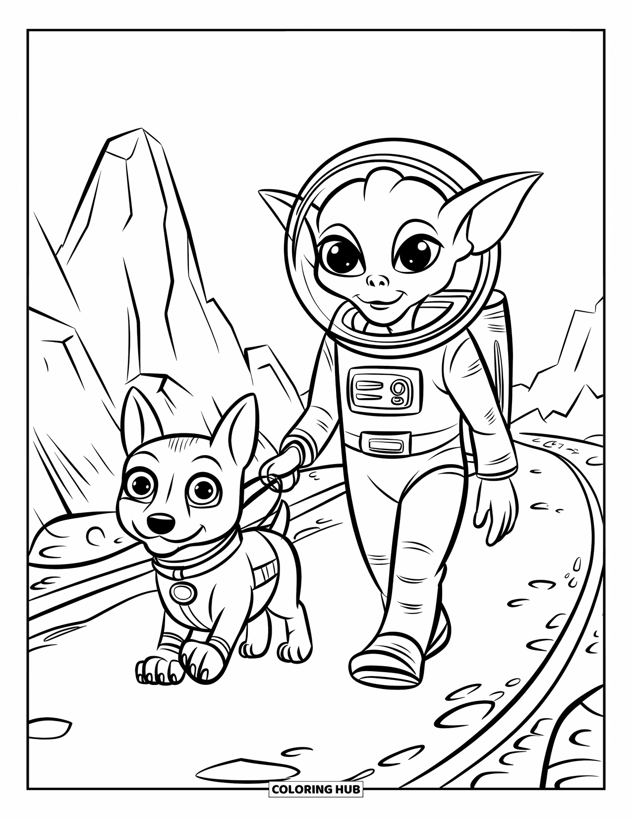 Outer Space Coloring Page for Kids: An alien with pointy ears walks a space dog across a rocky, distant landscape