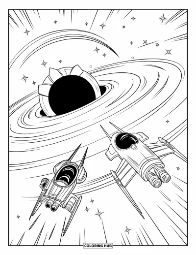 Outer Space Coloring Page for Kids: Fighters fly toward a swirling black hole surrounded by stars and distant galaxies