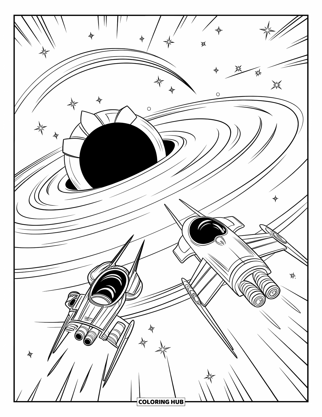 Outer Space Coloring Page for Kids: Fighters fly toward a swirling black hole surrounded by stars and distant galaxies