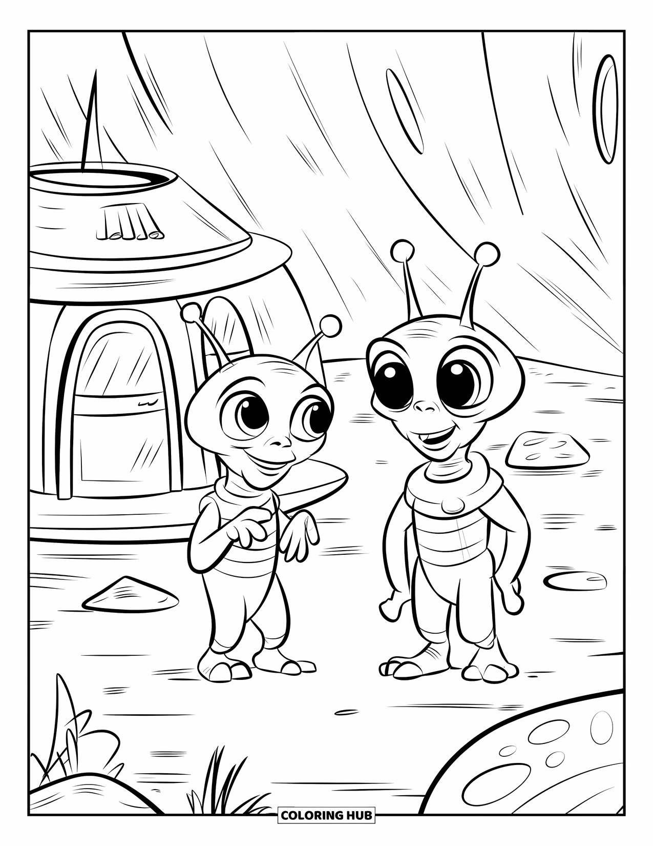 Outer Space Coloring Page for Kids: Friendly aliens with antennae chat beside a round hut surrounded by rocks and plants