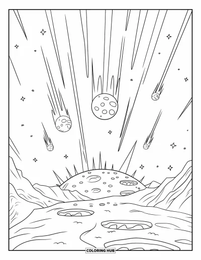 Outer Space Coloring Page for Kids: Meteors of all sizes fall toward a rocky planet dotted with mountains and craters