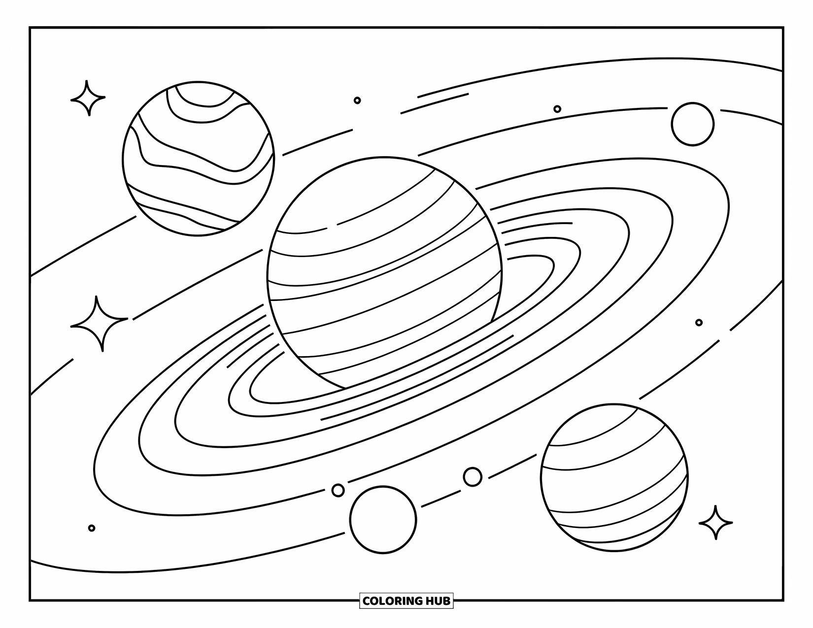 Outer Space Coloring Page for Kids: Planets and tiny stars drift through space along dotted paths