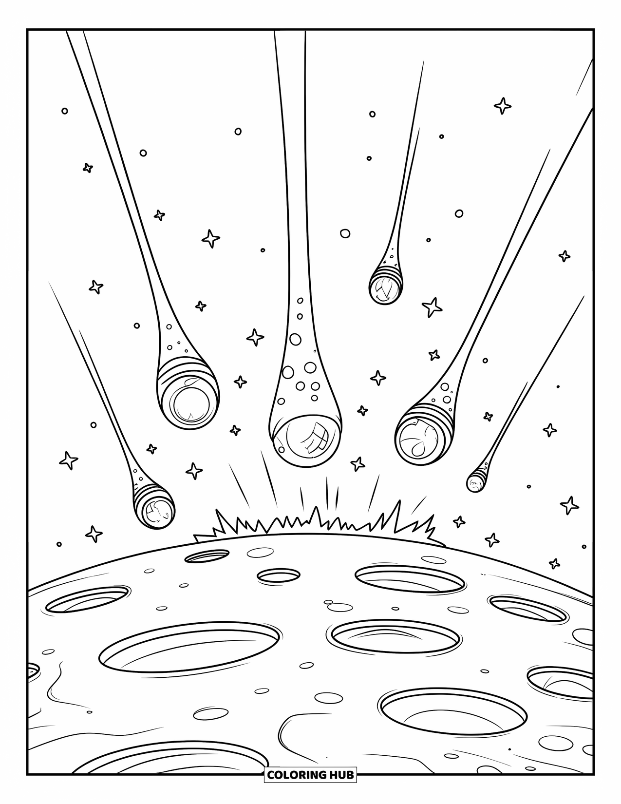 Outer Space Coloring Page for Kids: Seven unique meteors race toward a cratered planet under a vast, starry sky