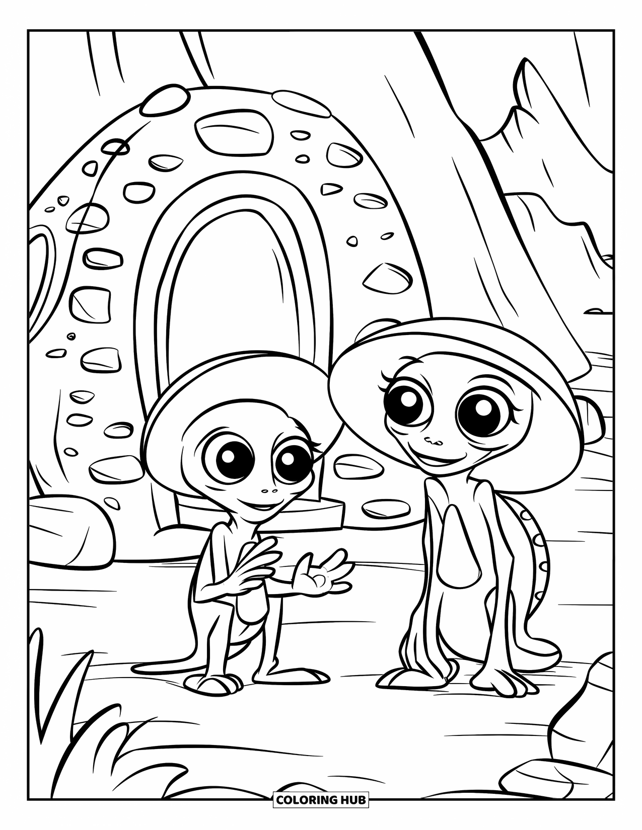 Outer Space Coloring Page for Kids: Two friendly aliens chat beside a rocky alien hut on the surface of Mars