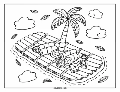 Coloriage de palmiers pour adultes : Un palmier pousse sur un radeau entouré de motifs fantaisistes et de feuilles flottantes