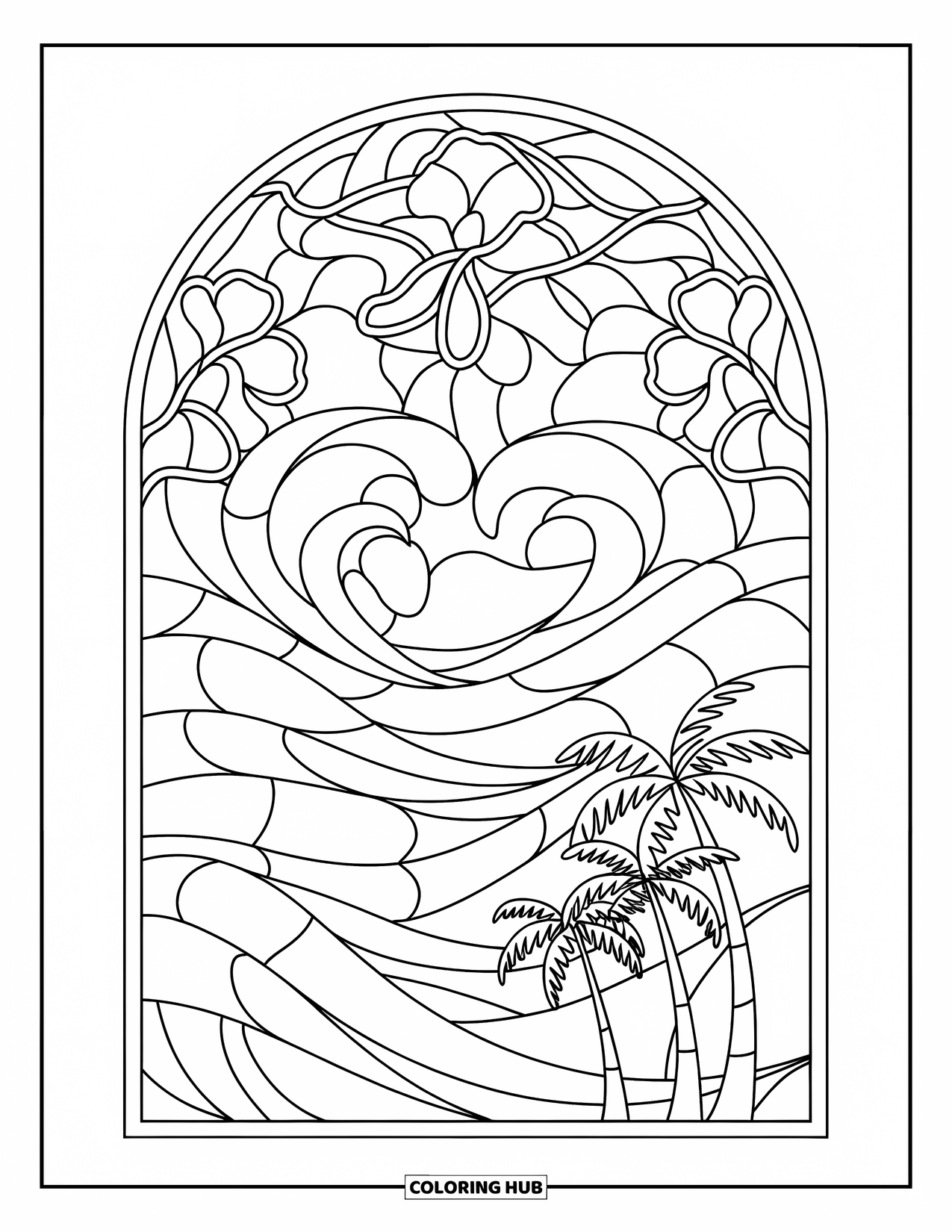 Palm Tree Coloring Page for Adults: Arched stained glass design with palm trees, waves, and floral elements