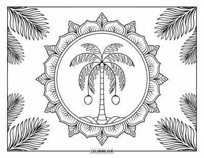 Coloriage de palmiers pour adultes : Cocotier au centre d'un mandala complet avec une bordure décorative