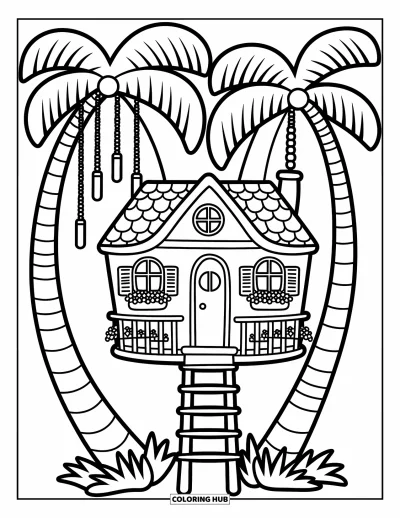 Coloriage de palmiers pour adultes : Adorable cabane dans les arbres parmi des palmiers avec des fleurs, une échelle et de doux carillons
