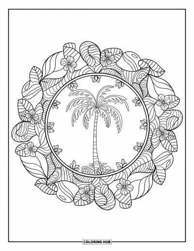 Coloriage de palmiers pour adultes : Élégant palmier entouré d'un mandala de feuilles tropicales et de fleurs