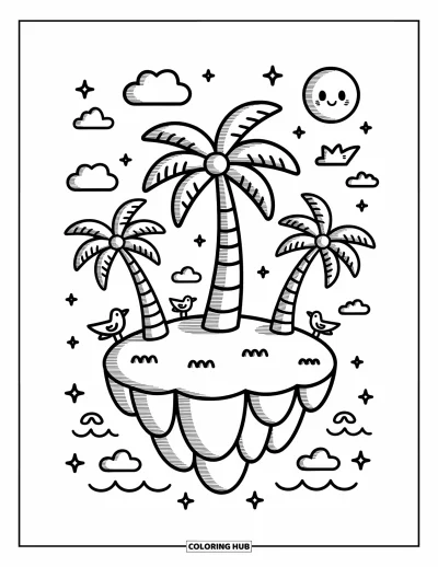 Coloriage de palmiers pour adultes : Île flottante avec des palmiers, des mouettes souriantes et de douces vagues de l'océan